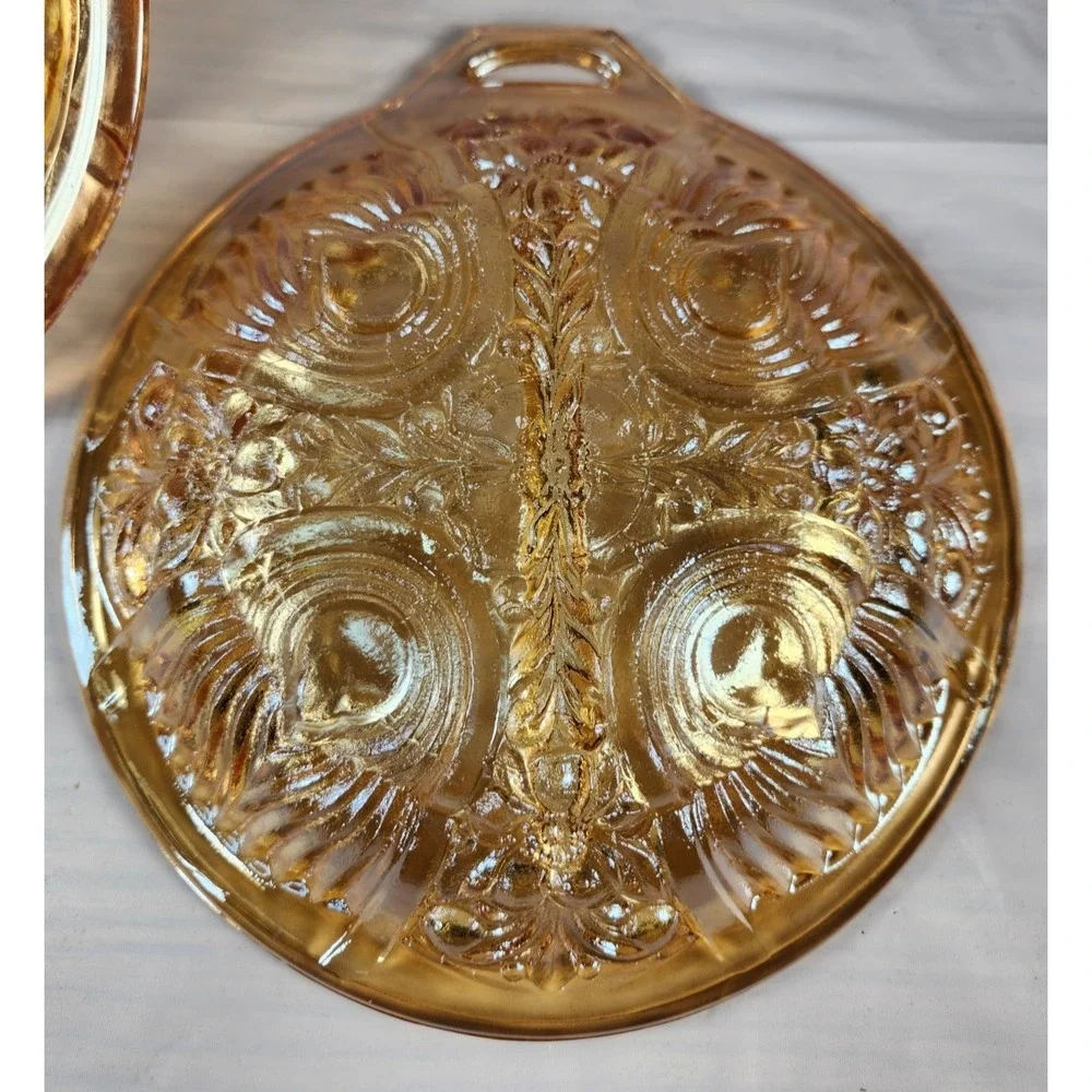Set of 2 Vintage Indiana Amber Marigold Carnival Glass Divided dish